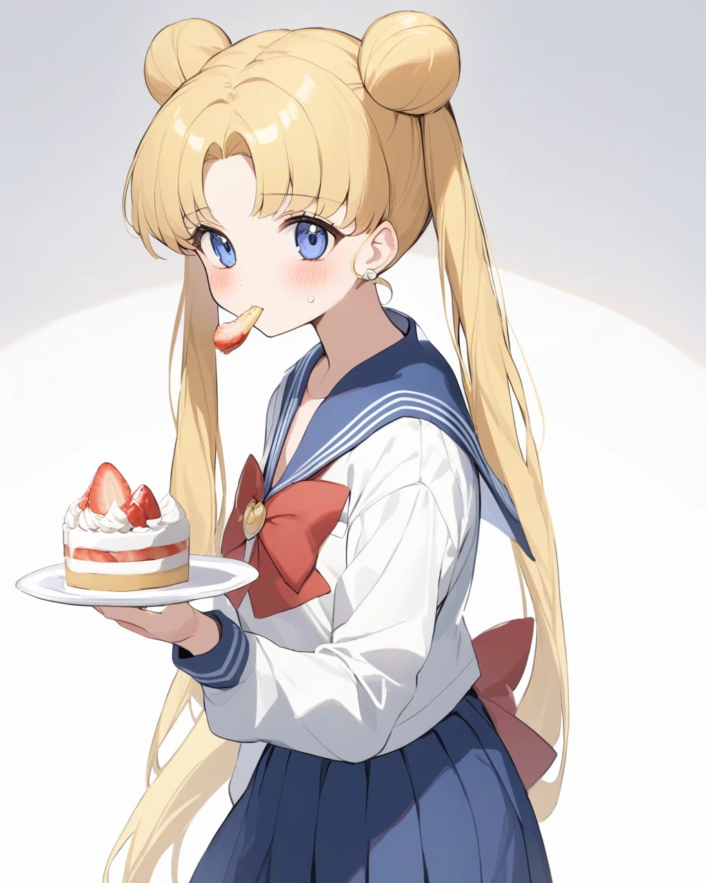 masterpiece,best quality,<lora:tsukino:1>,bishoujo_senshi_sailor_moon,blue_skirt,food_in_mouth,cake_slice,fruit,from_side,jewelry,strawberry,white_background,school_uniform,holding_food,eating,bow,hair_bun,earrings,blue_sailor_collar,looking_to_the_side,red_bowtie,1girl,solo,bowtie,food,double_bun,holding,serafuku,sidelocks,sailor_collar,tsukino_usagi,long_sleeves,cake,simple_background,skirt,shirt,looking_at_viewer,blush,white_shirt,red_bow,