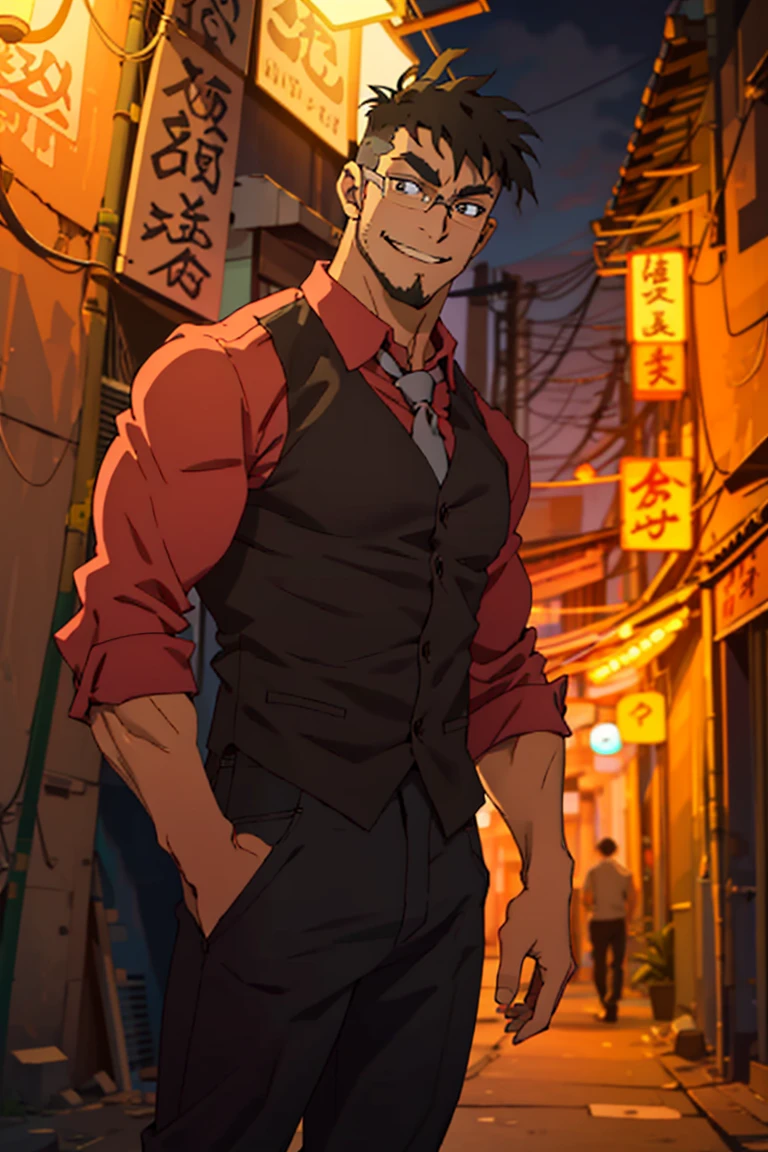 (1 image only), solo male, Jay Chiang, Great Pretender Razbliuto, Asian, Taiwanese, Taipei city, night alley, 2d, anime, flat, black hair, short hair, high fade, goatee, thick eyebrows, brown eyes, silver glasses, (pure red collared shirt, red sleeves rolled up), necktie, vest, , pants, shoes, smile, mature, handsome, charming, alluring, standing, upper body, perfect anatomy, perfect proportions, (best quality, masterpiece), (perfect eyes:1.2), perfect hands, high_resolution, dutch angle, cowboy shot,<lora:EMS-303013-EMS:1.000000>