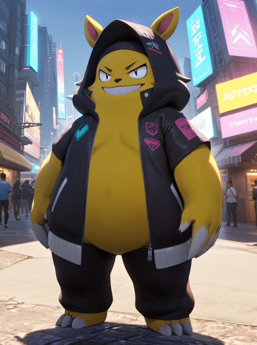 palworld-grizzbolt, pokemon, <lora:palworld_grizzbolt_xl_v1-000019:0.75>, furry male, yellow skin, pot belly,
(masterpiece:1.2, best quality:1.1, highres,absurdres, high quality), reflected light, colorful,ultra-detailed,8k, ultra hd, super detailed, (hayasaka ai), cyberpunk style, cyberpunk, science fiction, neon lights, jacket, pants, city