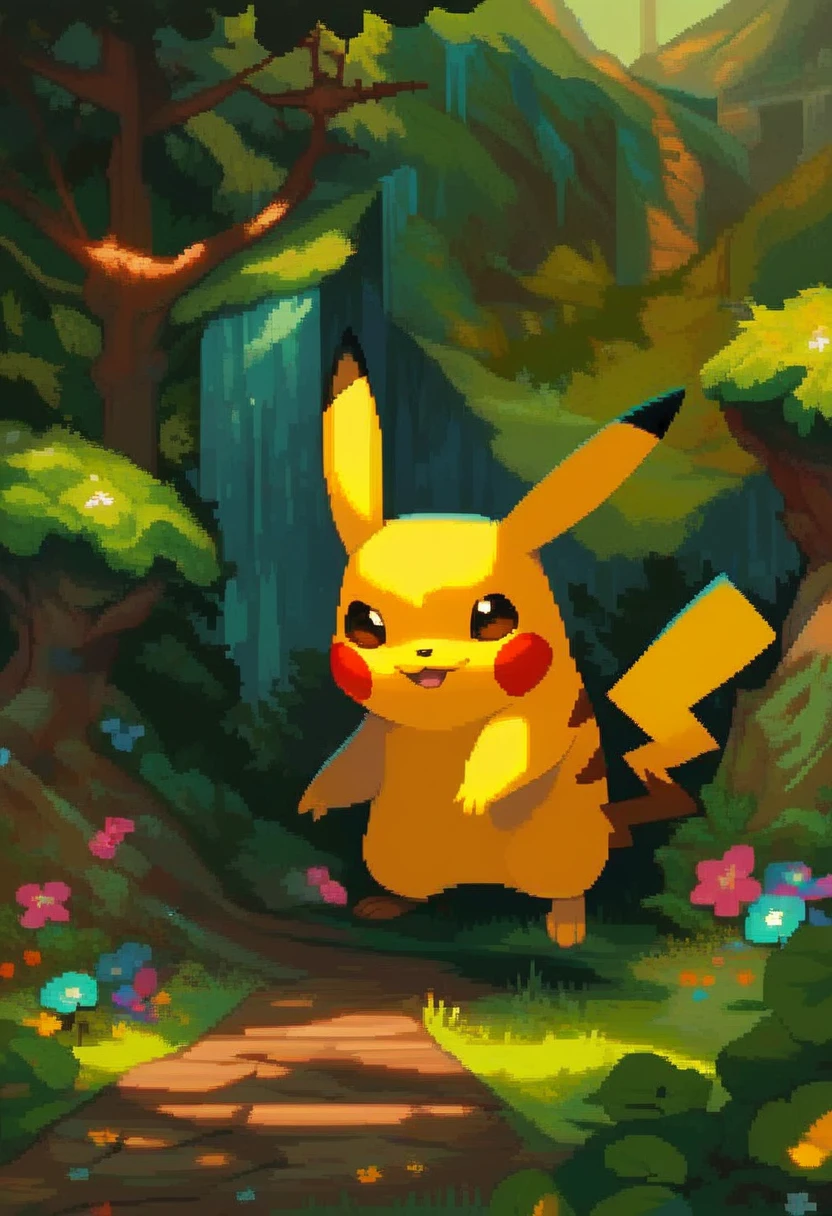 score_9, score_8_up, score_7_up, <lora:PixelART1:1>pixelart,pixel,pokemon (creature),pikachu, forest