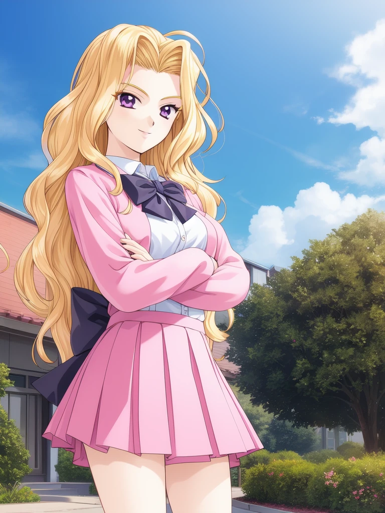 <lora:Shindou_Reiko:0.8>,ShindouReiko, 1girl, blonde hair, solo, long hair, skirt, crossed arms, smile, purple eyes,ãpink_school uniform, bow, pink_pleated skirt, pink_ jacket,
masterpiece, high quality, very_high_resolution, large_filesize, full color, game cg,