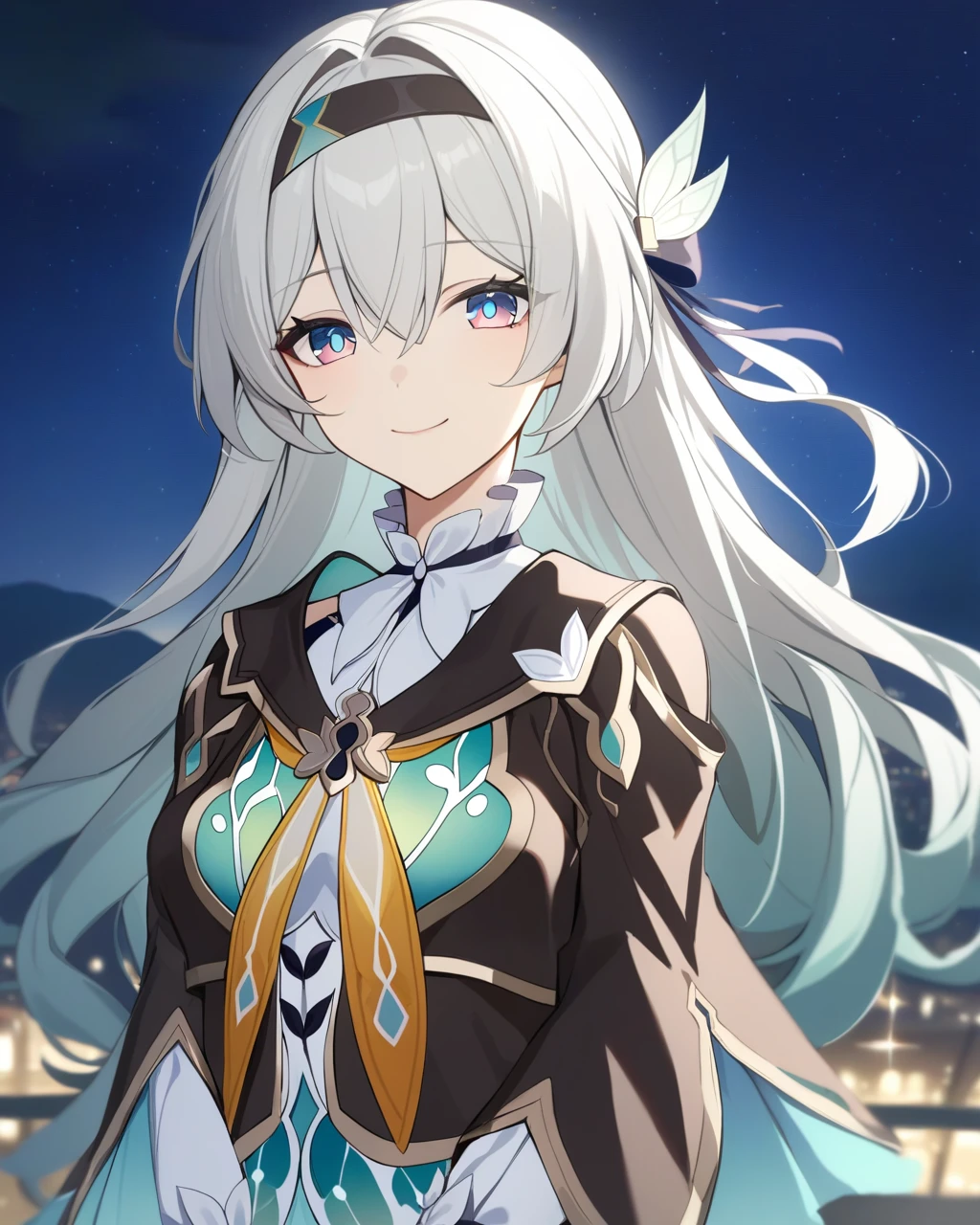 masterpiece,best quality,<lora:firefly_new:1>,firefly \(honkai: star rail\), 1girl, solo, sky, star_\(sky\), looking_at_viewer, smile, long_hair, starry_sky, blue_eyes, bangs, night, hairband, night_sky, closed_mouth, white_hair, long_sleeves, black_hairband, wing_hair_ornament, hair_ornament, dress, hair_between_eyes