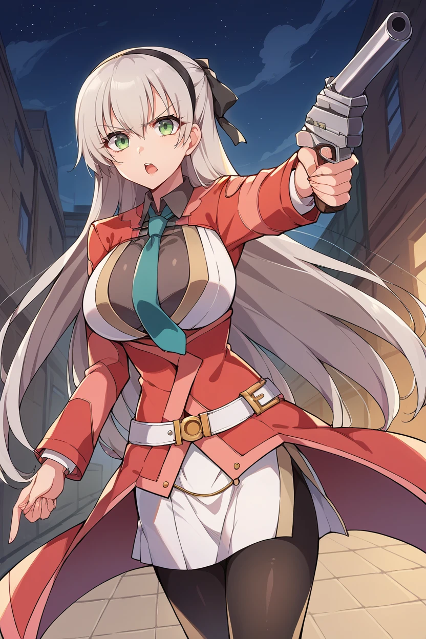 score_9, score_8_up, source_anime, 1girl BREAK <lora:elie-pdxl-nvwls-v1-000006:1> cs4elie, hairband, hair ribbon, green necktie, red coat, belt, white skirt, black pantyhose, large breasts, aiming gun, gun, night sky, dark alleyway, city, serious, open mouth, standing, looking at viewer