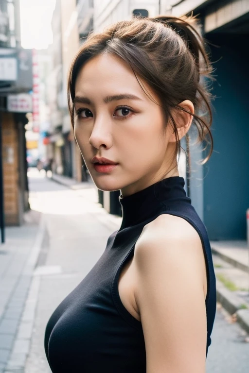 Best quality,masterpiece,ultra high res,(photorealistic:1.2),japanese street alley,dynamic pose,face closeup,
<lora:amber_an:0.8>,small breasts,(cleavage:0.4),brown hair,ponytail,