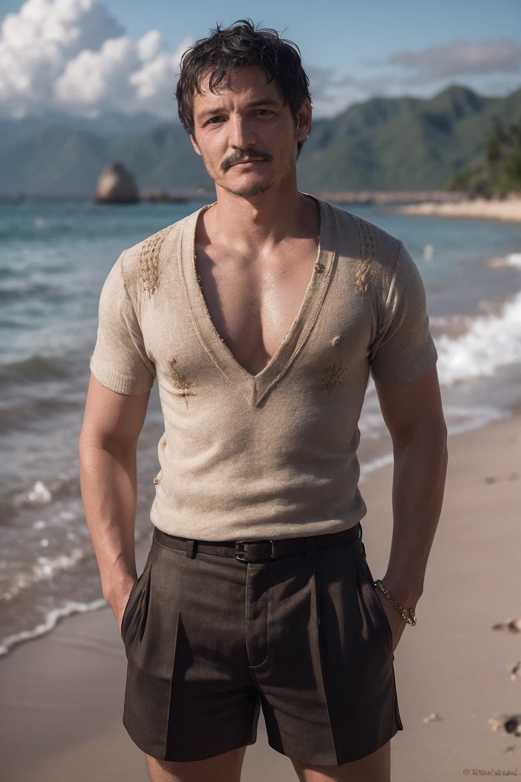<lora:pedropascal:0.9> pedropascal, a man, V-neck sweater and tailored shorts, railay beach