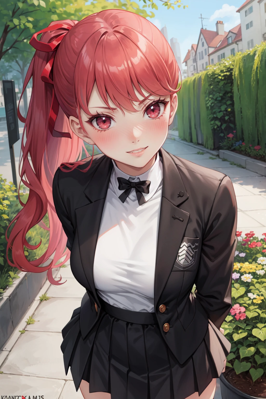 (best quality, ultra detailed), ((full-face blush)), (detailed background:1.2), (perfect face, detailed face), looking at viewer, (mature female:1.4), ((smirk))
<lora:yoshizawa_kasumi:1> yoshizawa_kasumi, long hair, ponytail, jacket, long sleeves, black jacket, ribbon, hair ribbon, shirt, skirt, thighhighs, school uniform, black thighhighs, medium breasts
(garden, outdoors, standing, arms behind back, )