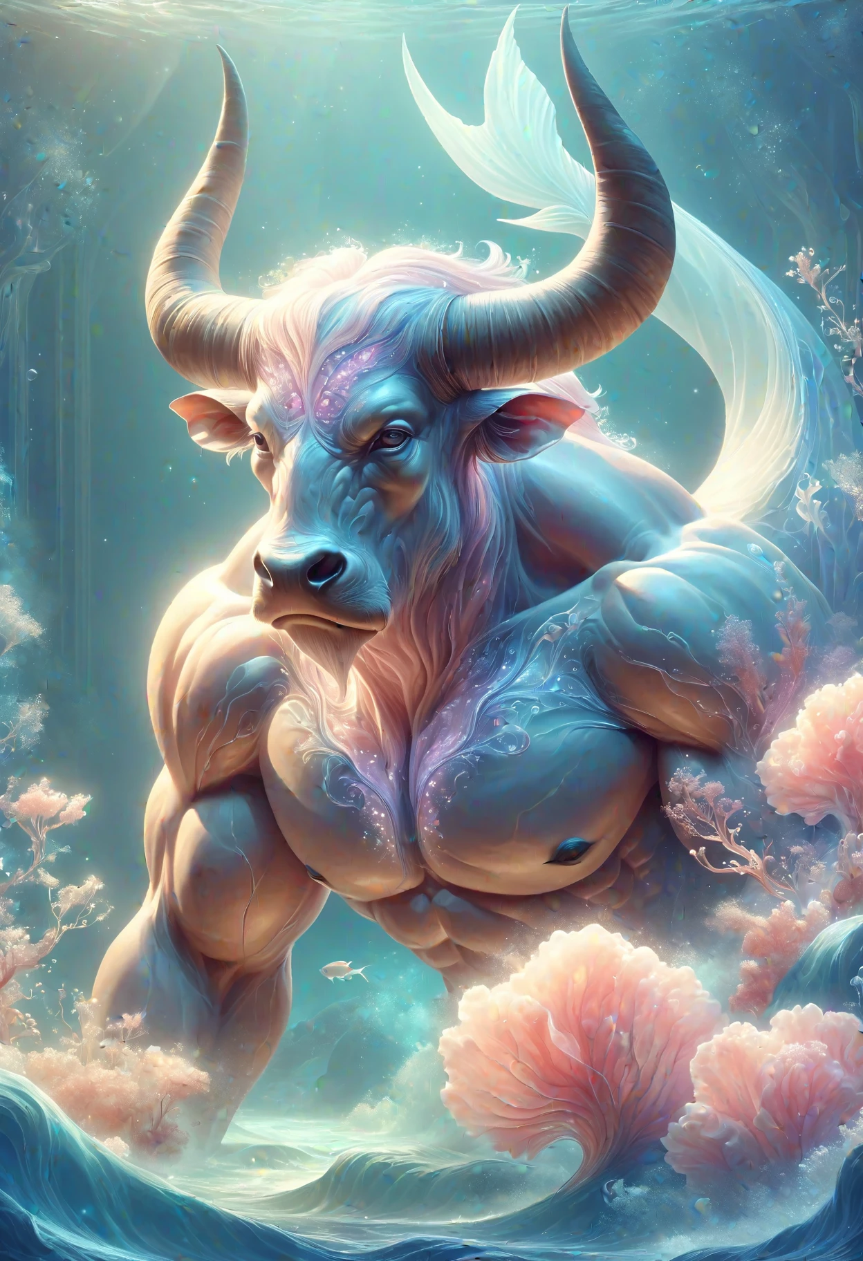 DonMP4ste11F41ryT4l3XL 2D illustration minotaur, humanoid upper body,fish tail, muscular physique, enchanting alluring appearance, aquatic beauty, aquatic hues, strength, mythtic allure, depth of the sea <lora:DonMP4ste11F41ryT4l3XL-000008:0.8>