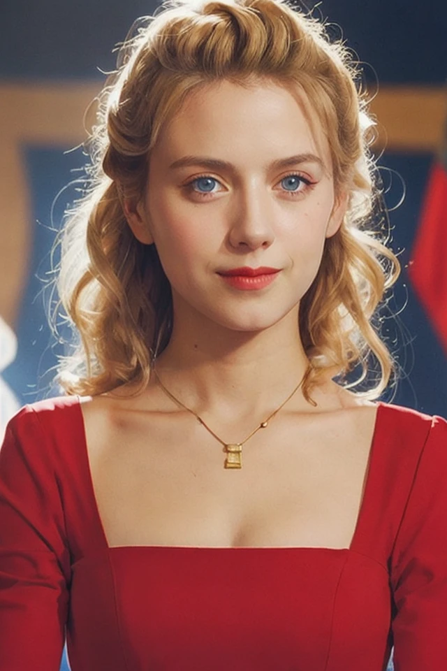 Shosanna_Dreyfus, solo, 1 girl, blonde hair,(red square neck dress:1.2), red dress, red lips, red nails, blue eyes, jewelry, lips, realistic, breasts, curly hair, collarbone, long sleeves, looking at viewer, makeup, necklace, portrait, Shoulder-length hair, smile, (red square neck dress:1.2), Inglourious Basterds,