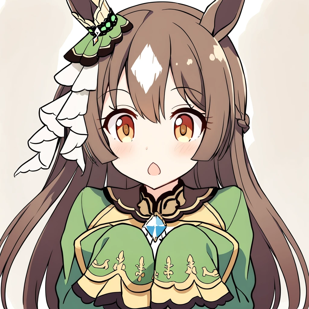 ganbaruzoi, 1girl, satono diamond \(umamusume\), umamusume, open mouth, upper body, sleeves past wrists, <lora:ganbaruzoi-animagine-v1:0.8>