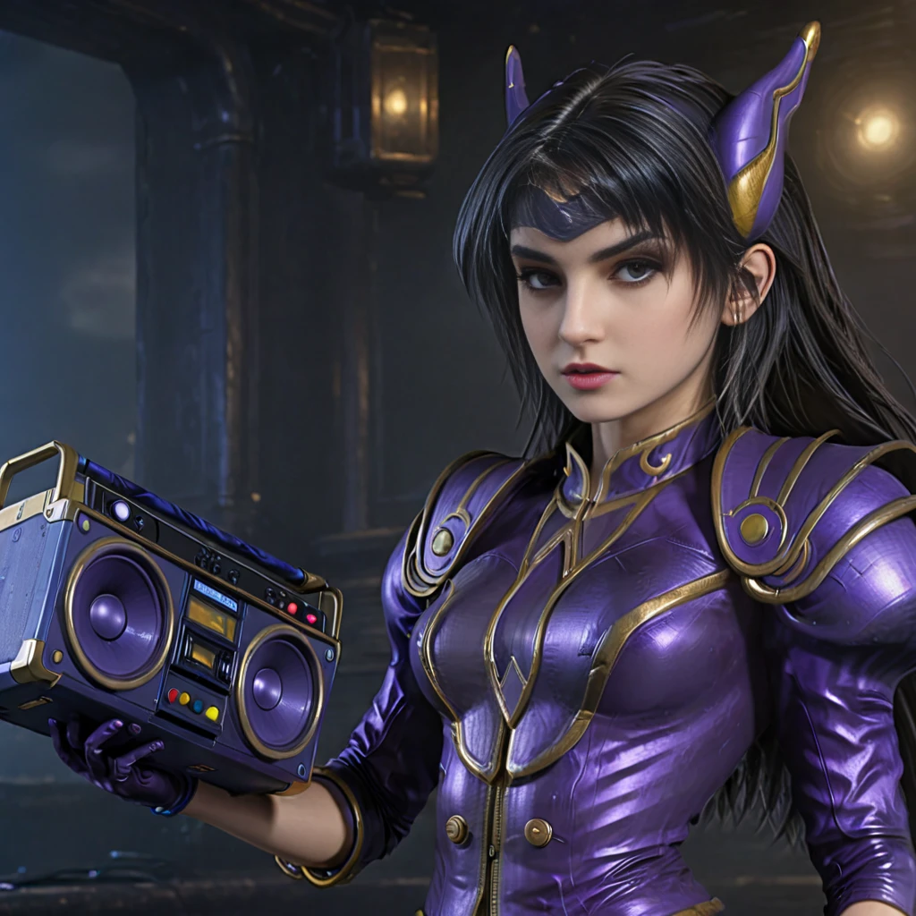 a cinematic shot of petite lodrose holding a boombox banging out, ominous lighting, headband, (masterpiece, best quality, hyper detailed, ultra detailed, super realistic, hd, uhd, 4k, 8k, 32k, 64K) [hd, uhd, 4k, 8k, 32k, 64K]<lora:SDXL - Char - LOD_Rose-11-02-32-32-25-16:.9>