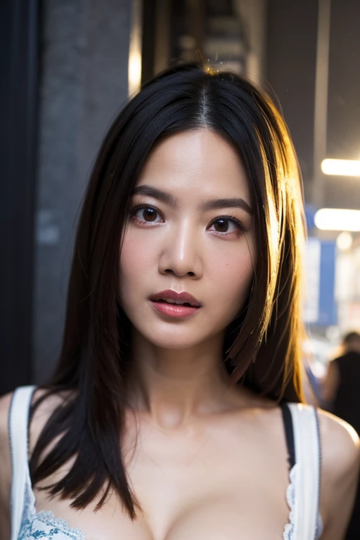 Best quality,masterpiece,ultra high res,(photorealistic:1.2),1girl,in the dark,deep shadow,low key,slim body,undone hair,taiwan street alley,dynamic pose,face closeup,<lora:Chiao_Chiao_Tzeng:1>,
