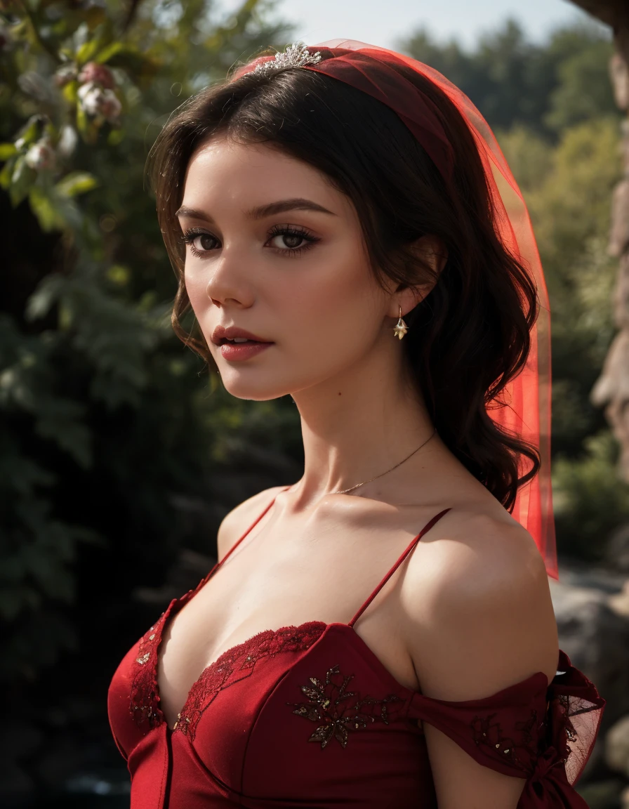 Shot From Below, (Vintage Charm:1.3), Visualize a (upper body shot:1.5) portrait of a woman wear (red|wine:1.5) (wedding|dress cutout:1.5), hair veil, turtleneck dress, nice detailed hair , (looking at viewer:1.1), muted lighting that adds to the nostalgic and romantic feel of the image. Vibrant color, The light should be diffused and warm, creating a sense of red old-fashioned charm and elegance. location at Starlit River with Luminescent Fauna. detailed hair, detailed face, detailed eyes, detailed texture skin