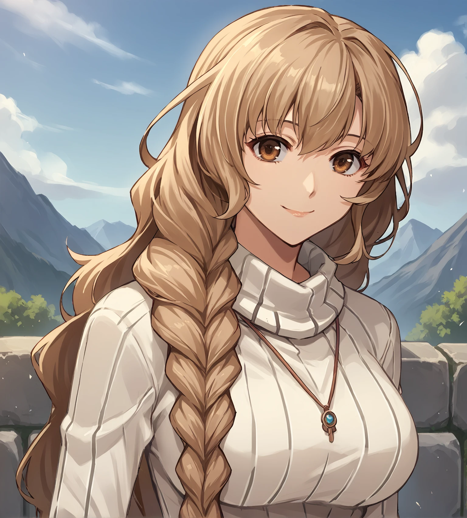 score_9, score_8_up, score_7_up, score_6_up, score_5_up, score_4_up, BREAK,
source_anime, rating_safe
<lora:TrailsFromZeroToAzure:0.9>, Cecile Neues, light brown hair, long hair, single braid, hair over one shoulder, brown eyes, large breasts, white sweater, long skirt, sandals
looking at viewer, smile, upper body, portrait,
1girl, outdoors, sky, clouds, distant mountains,