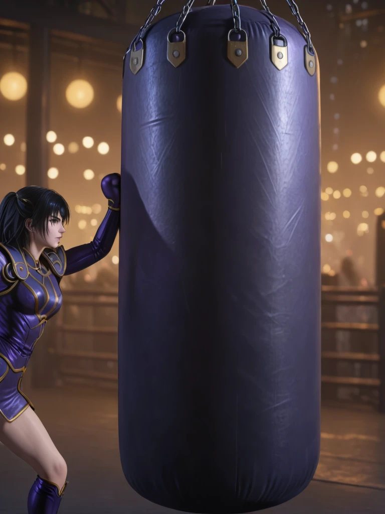 a cinematic shot of lodrose punching an oversized punching-bag, night, bokeh, blurry background,  purple and gold armor, [masterpiece, best quality, hyper detailed, ultra detailed, super realistic, uhd, 4k, 8k, 32k, 64K] <lora:SDXL - Char - LOD_Rose-11-01-128-128-15-10:1>