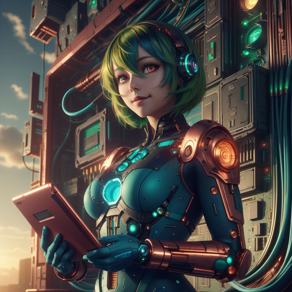 <lora:CircuitryTech-20:0.8>, circuitrytech ,scifi, cables, cmos circuitry, copper ,
slim, skinny, small breasts, (red eyes:1.2), green hair, multicolored hair, aqua hair, bob cut, side smile, closed mouth, looking at viewer, holding a tablet ,
