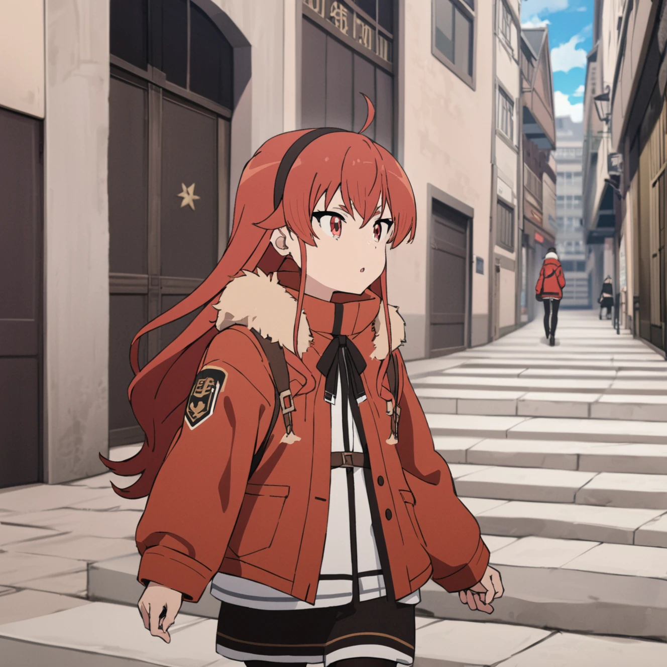 <lora:eris_greyrat:1>, (best quality:1.5), high resolution, eris greyrat, walking in city, from front, bright red puffy snow jacket