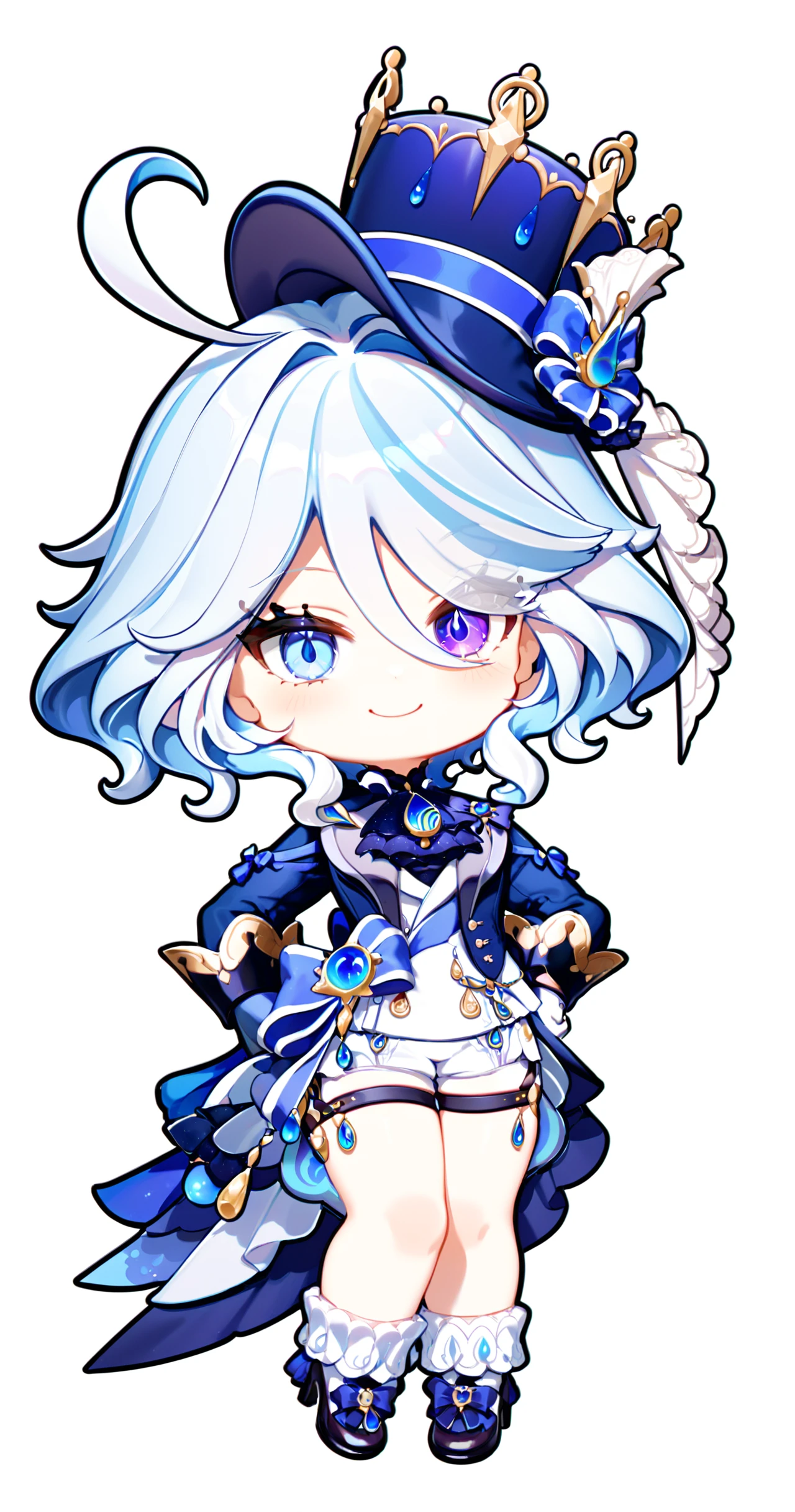 furina,1girl,solo,white background,simple background,full body,smile,looking at viewer,hand on hip,standing,top hat,blue jacket,white gloves,high heels,front view,frilled socks,white shorts,waist cape,thigh strap,heterochromia,jewelry,ascot,<lora:FurinaXL_v11-000006:1>,chibi,