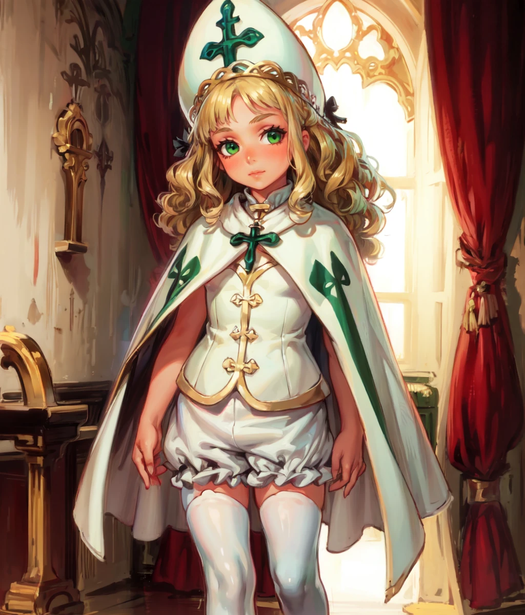 Masterpiece. 1girl, solo, blonde hair green eyes, long hair, curly hair, hat, white dress, bloomers, cape, full body, looking at the viewer, indoors, church, cowboy shot <lora:Sissy:1>