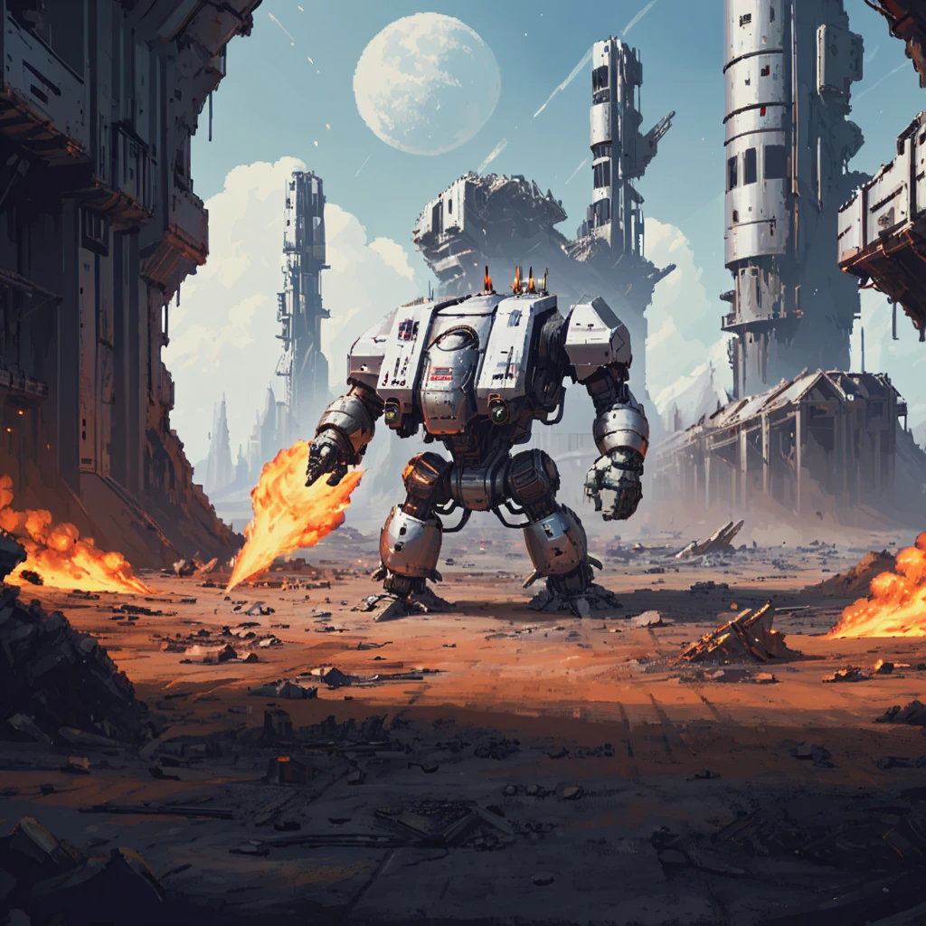 a four meter tall silver drdnght machine with rocket launcher and flamethrower walks across an ruined space station searching for enemies, rockets streak across space and explode in blooming fireballs