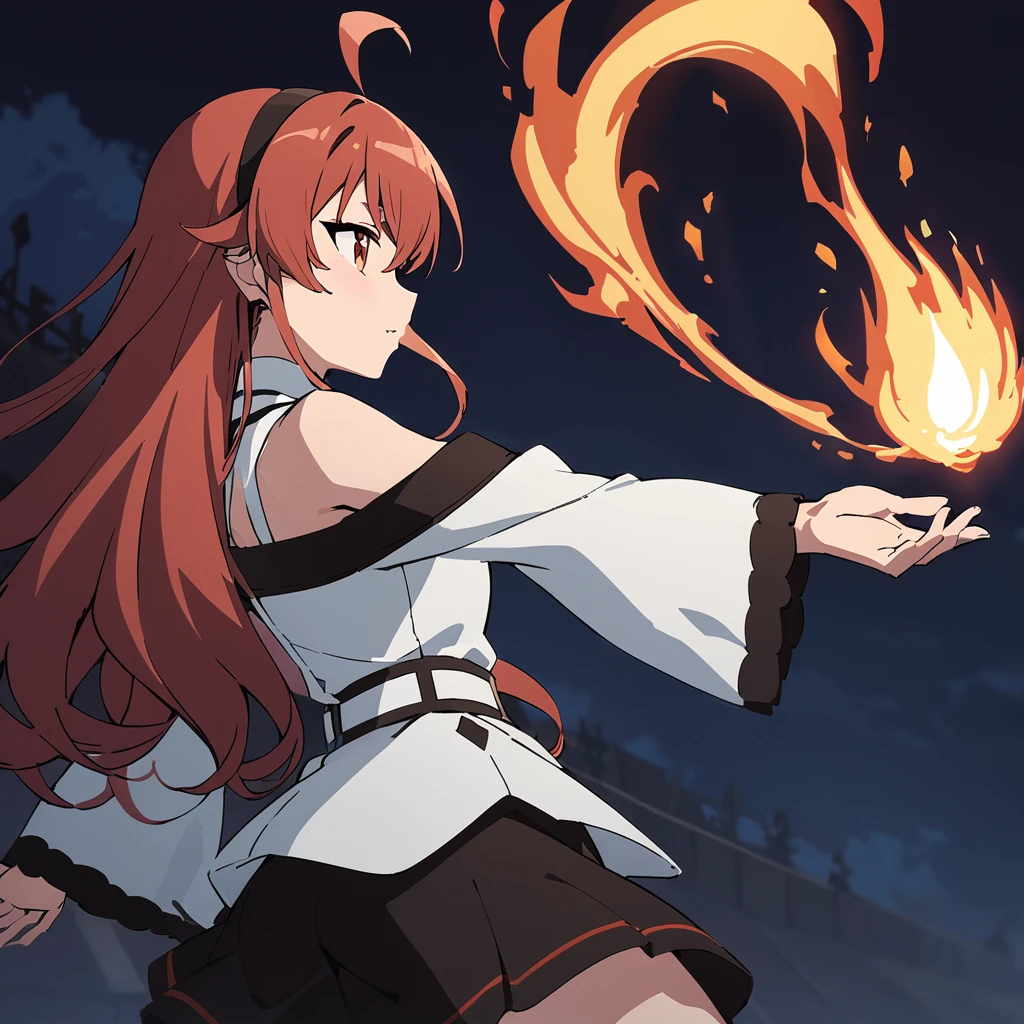 <lora:eris_greyrat:0.6>, (best quality:1.5), high resolution, (eris greyrat), casting fire ball at night, fireball emerging from eris holding her hand straight out with open palm, from side