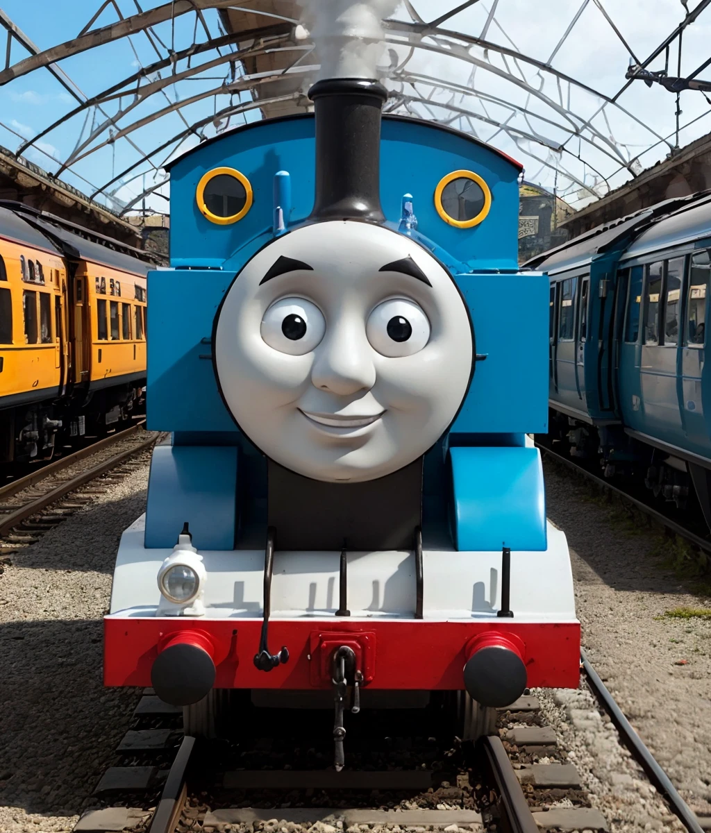 HDR,UHD,8K,best quality,masterpiece,Highly detailed,ultra-fine painting,sharp focus,extreme detail description,Professional,city,crowd,train station platform,thomas the tank engine,<lora:thomas:0.6>,thomas,