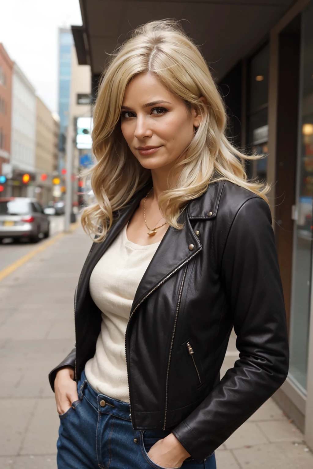 <lora:mondongo_LoRA_KyraSedgwick:1> mndngwmn, blond hair, AS-MidAged, wearing a leather jacket, jeans, on a city downtown, (ultra realistic, 8k,high quality)