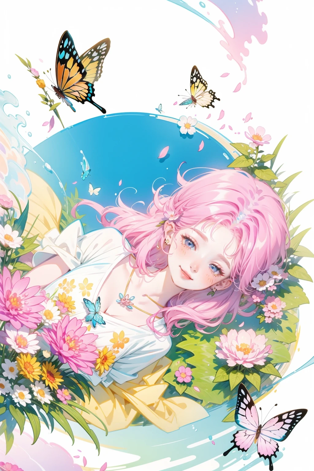 ((ink)),(water color),bloom effect,detailed beautiful grassland with petal,flower,butterfly,necklace,smile,petal,(((surrounded by heavy floating petal flow))),