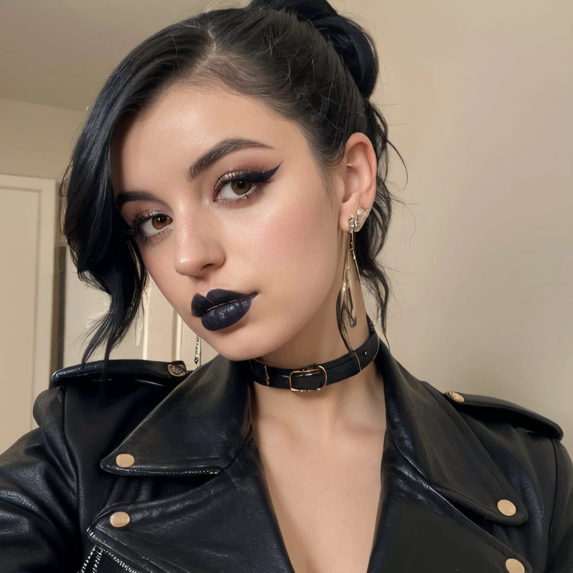 high quality photo of  <lora:RebeccaBlack:1> rebeccablack
wearing a leather jacket, pulled back hair, extreme close up
goth makeup