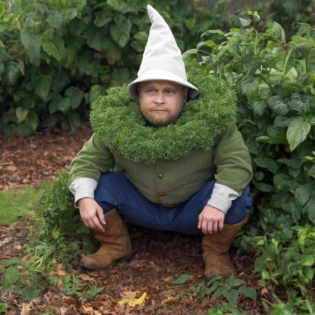 Piotr Adamczyk in garden gnome costume, bush, hiding, leaves, crouching, high quality