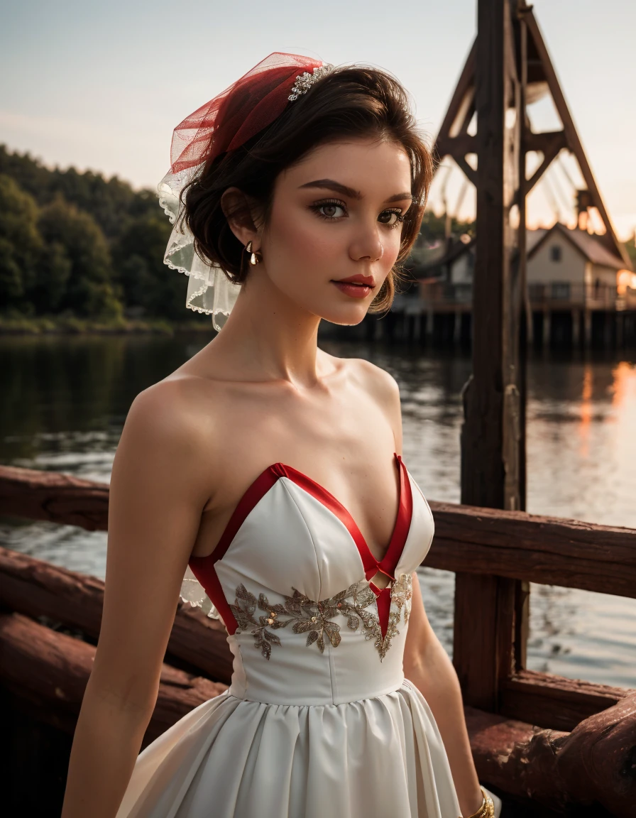 Shot From Below, (Vintage Charm:1.3), Visualize a (upper body shot:1.5) portrait of a woman wear (red|wine:1.5) (wedding|dress cutout:1.5), hair veil, turtleneck dress, nice detailed hair , (looking at viewer:1.1), muted lighting that adds to the nostalgic and romantic feel of the image. Vibrant color, The light should be diffused and warm, creating a sense of red old-fashioned charm and elegance. location at Idyllic lakeside cottage with a cozy fireplace and wooden pier. detailed hair, detailed face, detailed eyes, detailed texture skin