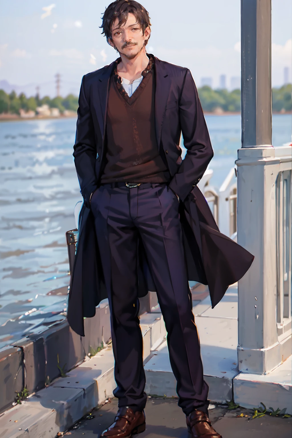 <lora:pedropascal:0.9> pedropascal, a man, Cardigan and tapered trousers, rolling meadows
