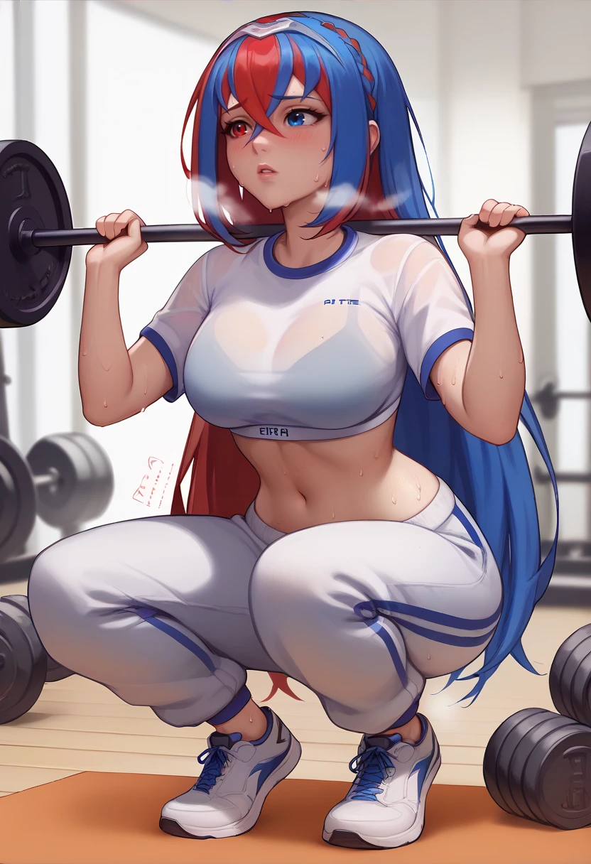 score_9, score_8_up, score_8_up, source_anime BREAK 1girl, solo, <lora:alear-fe-richy-v1_pdxl:1> alearrnd, heterochromia, blue eyes, red eyes, multicolored hair, red hair, blue hair, braid, crossed bangs, very long hair, tiara, large breasts, sports bra, white shirt, track pants, exercise, midriff, parted lips, blush, heavy breathing, panting, <lora:kittew-artist-richy-v1_pdxl:1> sweat, see-through bra lines, short sleeves, baggy pants, loose pants, barbell, squatting, lifting, full body, sneakers, navel, stomach, legs together