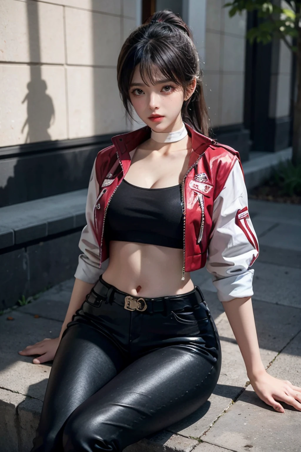 put big embroidery on pants、put big embroidery on the jacket、hide your right arm under your foot