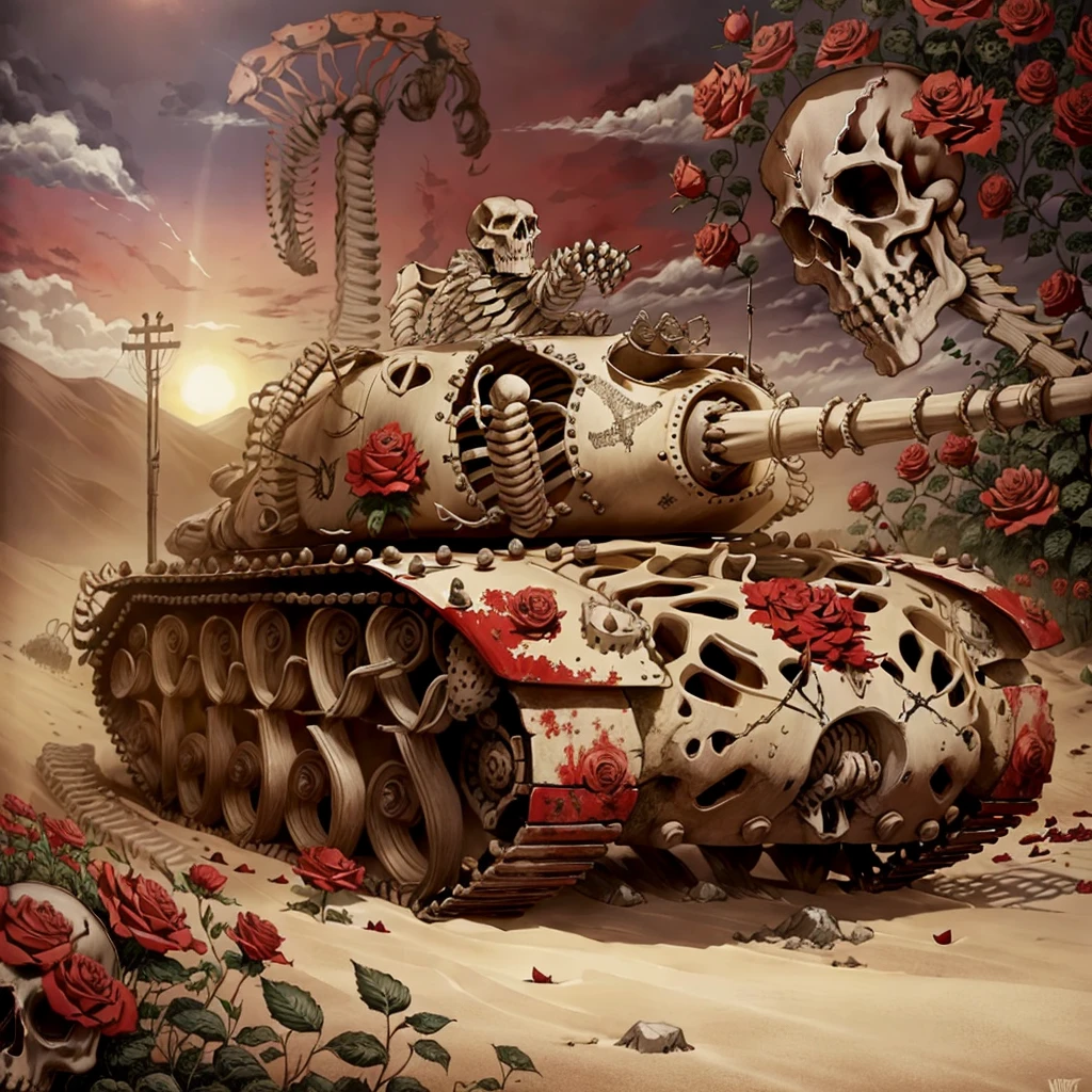 GratefulAI battle tank made out of a (skeleton:1.2) with red roses, in wonderland, psychedelic, bright and colorful <lora:GratefulAI:.8>
