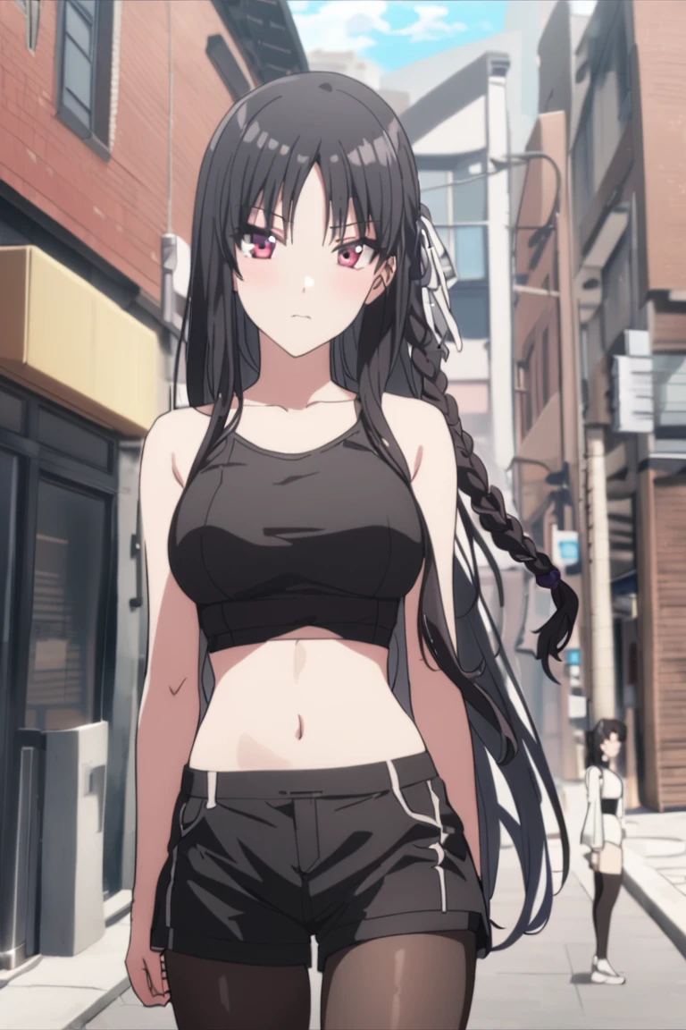 masterpiece, best quality, , cute,
1girl, solo, female, horikita suzune, red eyes, purple eyes,  long hair, black hair, hair ribbon, side braid, anime screencap,
croptop, shorts, outdoors, street, public, pantyhose, black pantyhose,   ,cowboy shot, looking at viewer, colorful, vivid, best quality, absurdres, best aesthetic <lora:Horikita_Suzune_XL-000009:1>