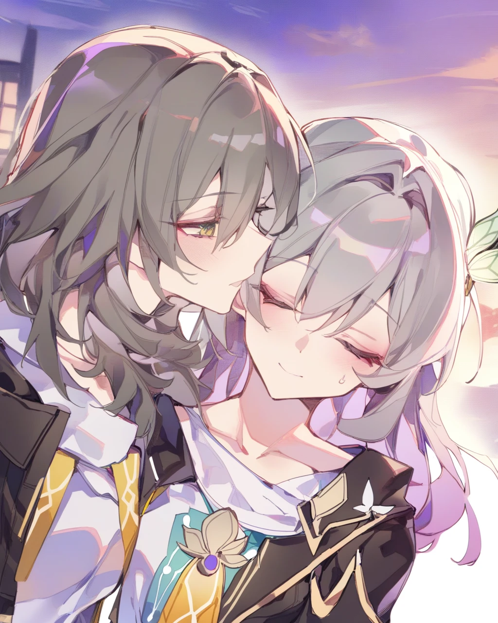 anime couple hugging in front of a mirror with blue eyes, From Arknights, from girls frontline, two beautiful anime girls, fus rei, Genshin, 《genshinimpact》in the clear, Ayaka Genshin impact, girls frontline style, Kantai collection style, Sirius A and Sirius B, kissing together cutely, genshin impact character, anime visual of a cute girl