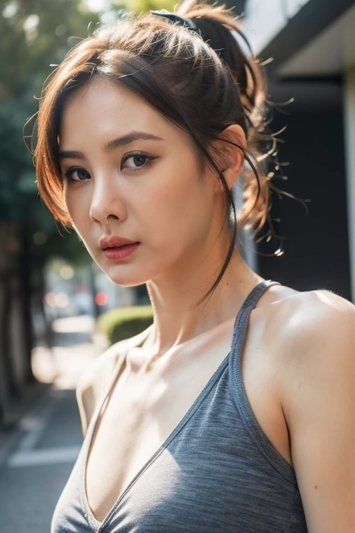 Best quality,masterpiece,ultra high res,(photorealistic:1.2),japanese street alley,dynamic pose,face closeup,
<lora:amber_an:0.8>,small breasts,(cleavage:0.8),silver hair,ponytail,