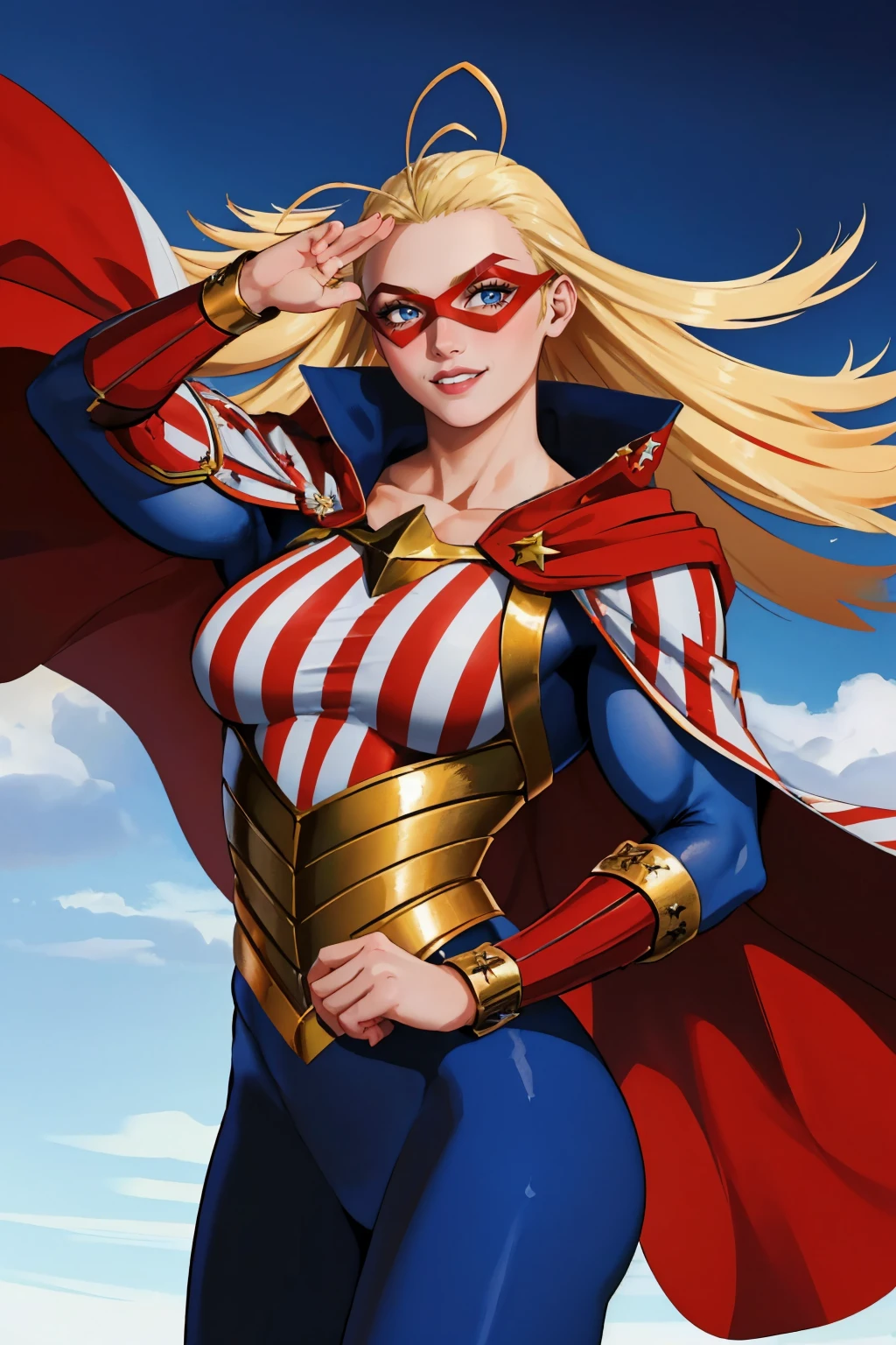 (masterpiece, best quality:1.2), solo, 1girl, starandstripe, muscular, smile, looking at viewer, salute, antenna hair, v-shaped eyebrows, domino mask, american flag print, striped bodysuit, red cape <lora:mha_starandstripe:1>