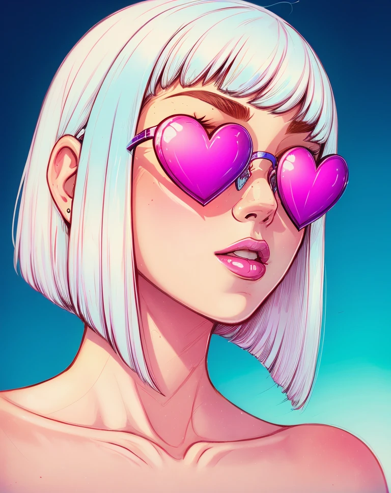 by Bruno Ferreira, a woman with blue heart shaped glasses, multi-color background, gradient, white hair, short hair, solo <lora:pop_art_dataset-11:.6>