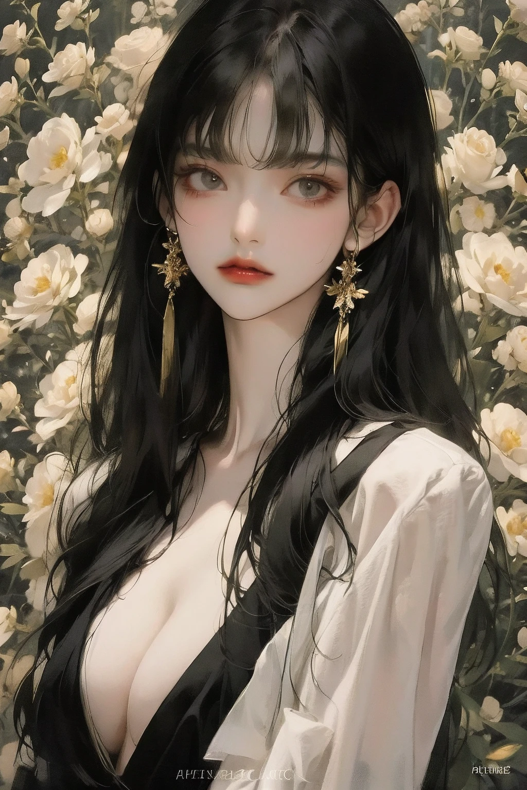 <lora:Black:0.9>,fashion,cool,upper body, black and gold theme,flower,cleavage, <lora:ww-000005:0.5>