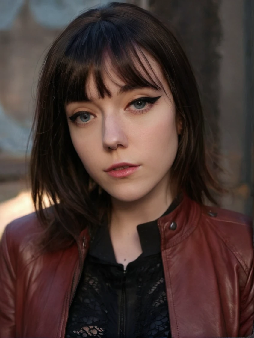 a beautiful picture of 3lles, detailed skin texture,masterpiece, face focus, photorealistic, woman, 4k, HDR, backlighting, light, RAW color photo,(fully in frame:1.1), (blush:0.5), (goosebumps:0.5), <lora:3lles:1> wearing a leather jacket