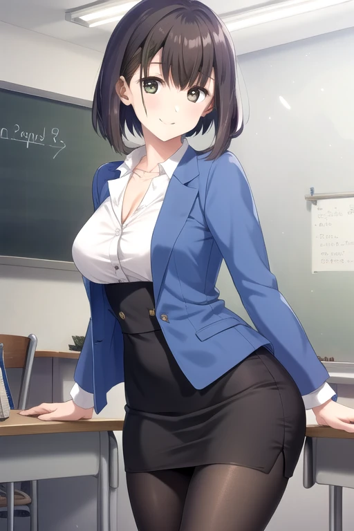 (masterpiece), best quality, expressive eyes, perfect face, 1woman, solo, mature woman, ((business suit)), jacket, pencil skirt, mini skirt, stockings, black panties, glasses, brown hair, short hair, large breast, large butt, cleavage, thighs, full body, smile, ((turn up the skirt)), look back, from behind, low view, classroom,