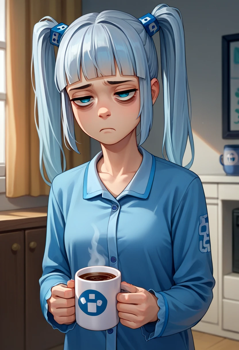 score_9, score_8_up, score_7_up, source_anime, solo, 1girl, rkn-chan, tired, holding coffee mug, twintails, bags under eyes, hair ornament, blue pajamas, indoors, living room <lora:gijinkaseries_rkn-chan_ponyXL:1>