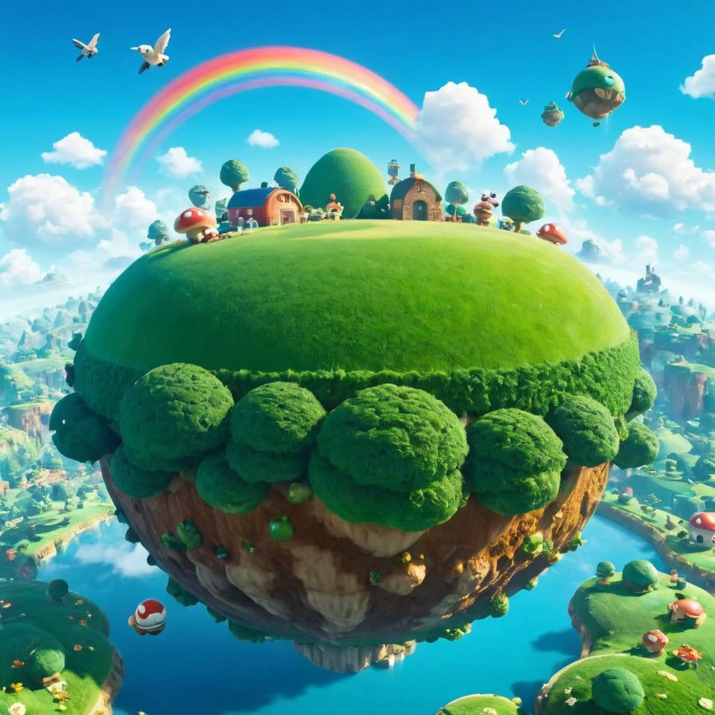 super Mario1024 Style, a small Green/blue planet floating in Blue Sky, with a Happy Farm and trees, birds and some cows in it,