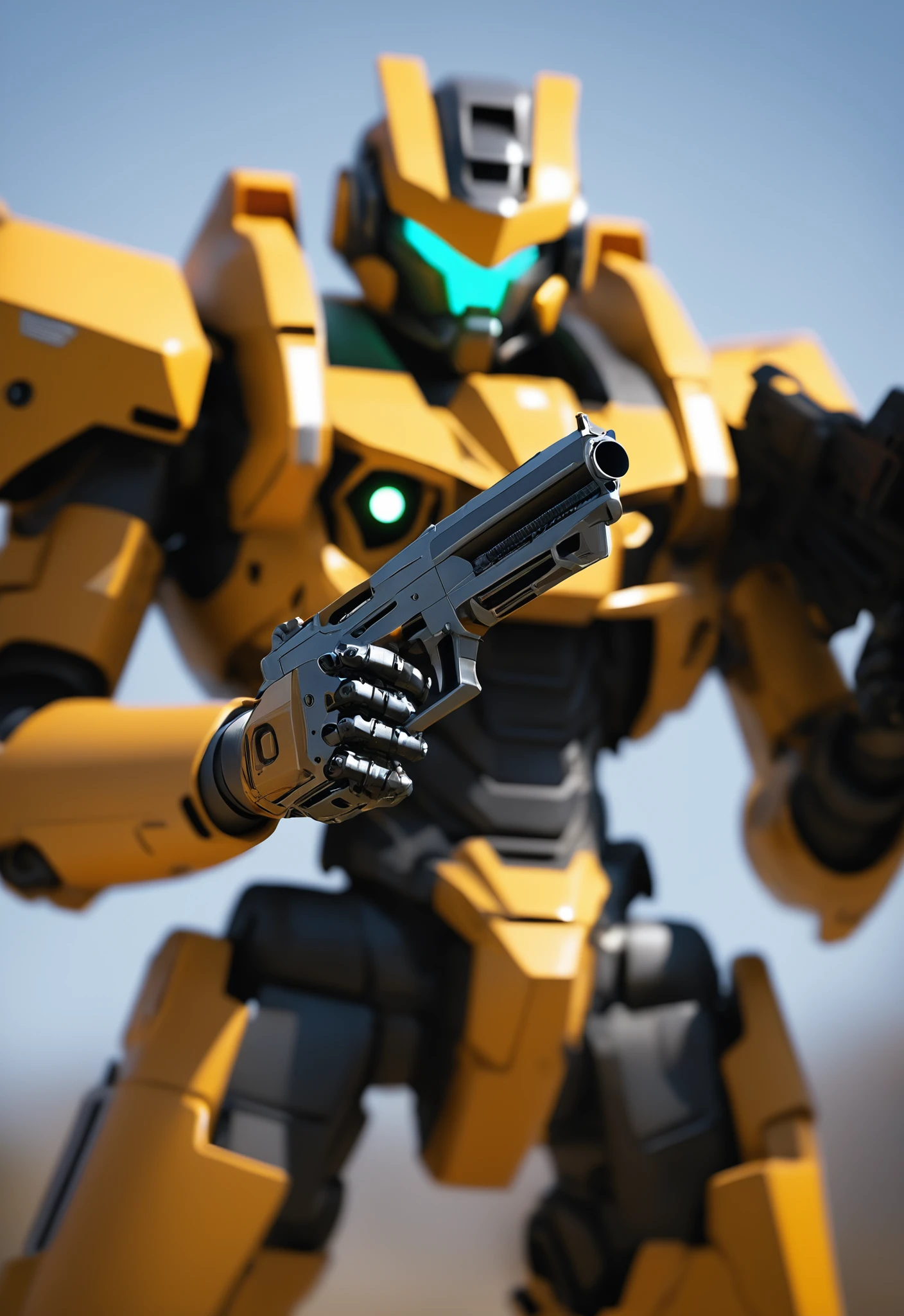 solo, holding, weapon, holding weapon, blurry, gun, no humans, blurry background, glowing, robot, holding gun, mecha, 1other, science fiction, power armor, humanoid robot