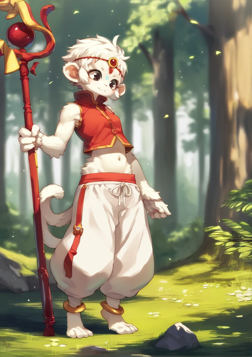 1girl, solo, very short hair, white hair, round ears, monkey tail, moinstergirl, furry arms, furry legs), white saggy pants, barefoot, anklets, red vest, sarashi, navel, staff, circlet, outdoors, forest <lora:tasaka_shinnosuke cyocyo:0.8>, score_9, score_8_up, score_7_up, score_6_up, score_5_up, score_4_up, BREAK source_anime, masterpiece
