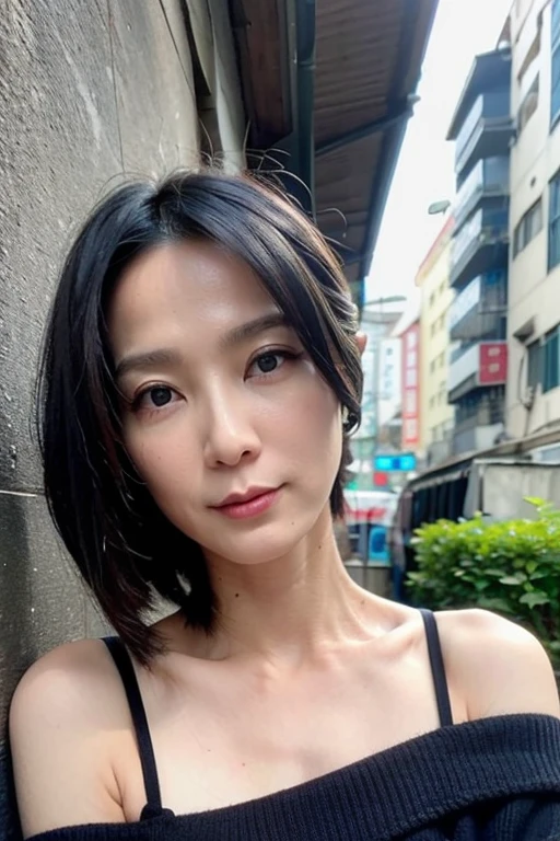 Best quality,masterpiece,ultra high res,(photorealistic:1.2),1girl,in the dark,deep shadow,low key,slim body,undone hair,off shoulder,japanese street alley,dynamic pose,face closeup,<lora:chuxuan:0.9>,small breasts,