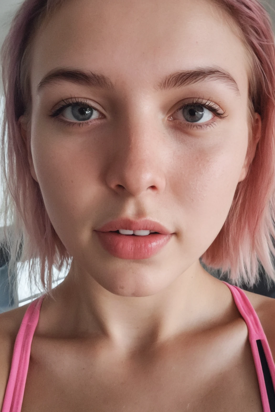Generate a close-up image that captures an 18-year-old girl with rainbow-colored hair and a sweaty face, looking seductively and directly into the camera, wearing skimpy pink sportswear, perhaps after a strenuous workout or sports activity.