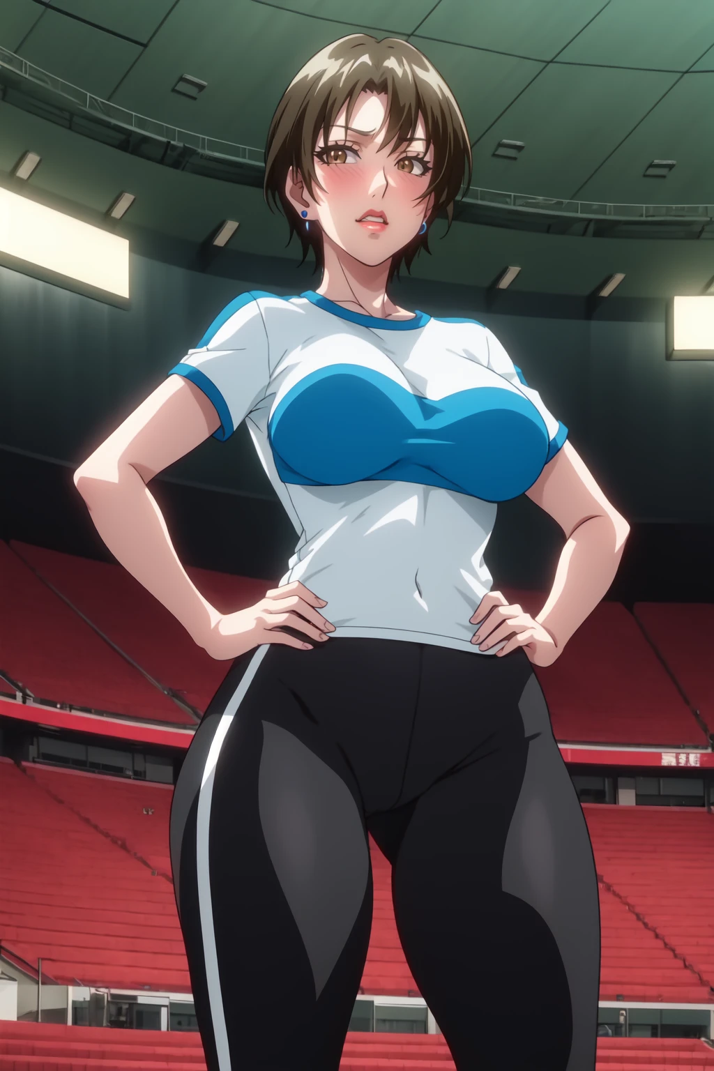 masterpiece, (high quality:1.1), intricate details, cinematic lighting, motion lines,
(IkumiSunohara:1.2), 1girl, mature female, milf, solo, standing, legs apart, (hands on own hips:1.1), full body, cowboy shot, close-up, from below,
(looking at viewer:1.1), blush, teeth, surprised,
short hair, brown eyes, earrings, shiny, lips,
(two-tone T-shirt:1.1), multicolored clothes, short sleeves, yoga pants,
large breasts, thighs,
indoors, stadium,
<lora:IkumiSunohara:1>