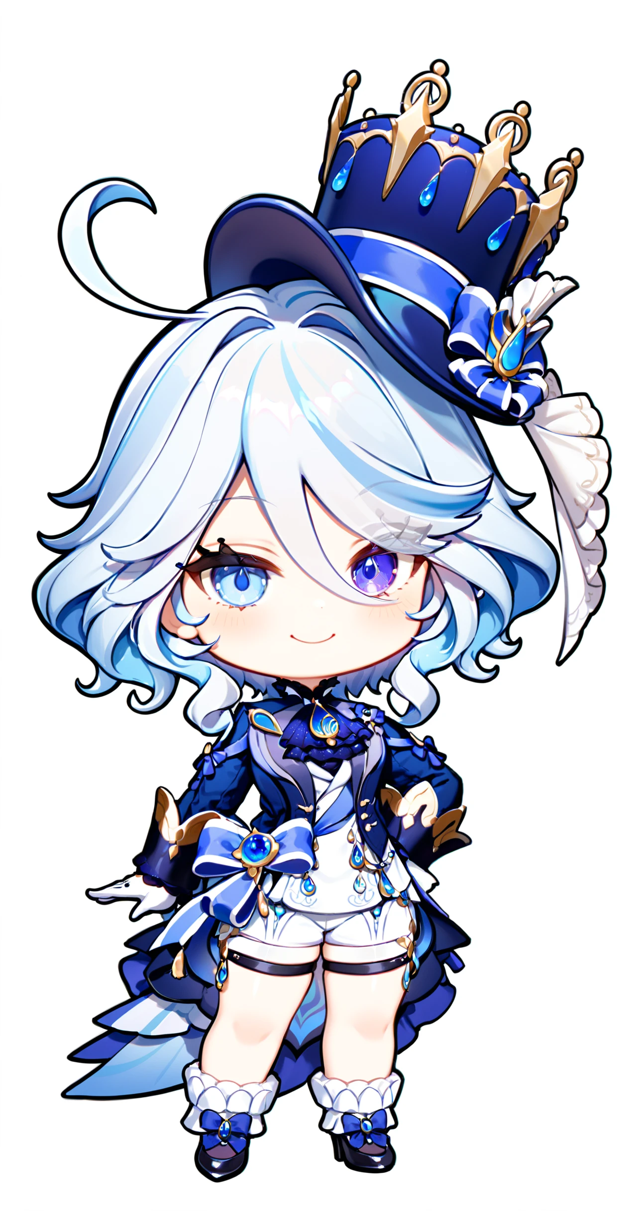 furina,1girl,solo,white background,simple background,full body,smile,looking at viewer,hand on hip,standing,top hat,blue jacket,white gloves,high heels,front view,frilled socks,white shorts,waist cape,thigh strap,heterochromia,jewelry,ascot,<lora:FurinaXL_v11-000006:0.9>,chibi,